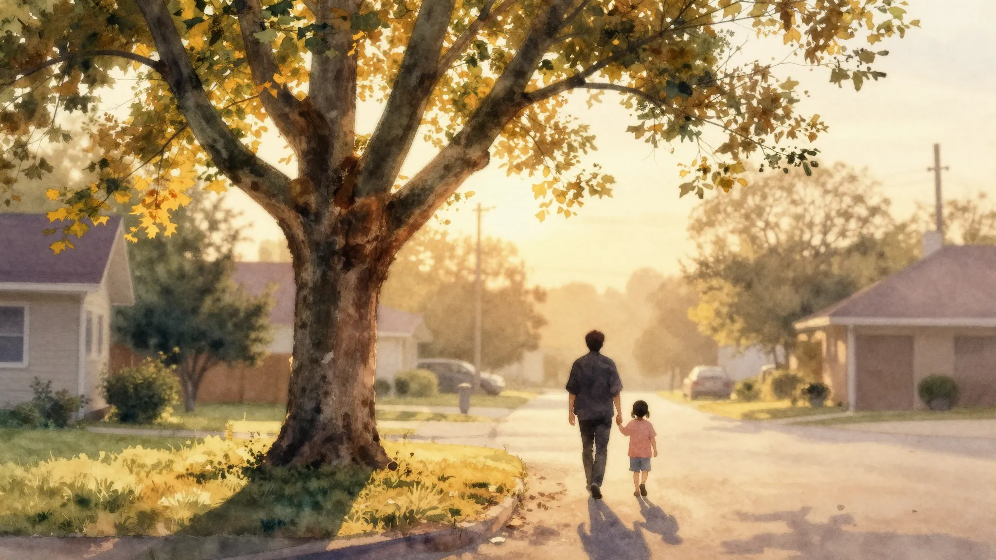 Vibrant watercolor style. A nostalgic, cinematic scene of a ...