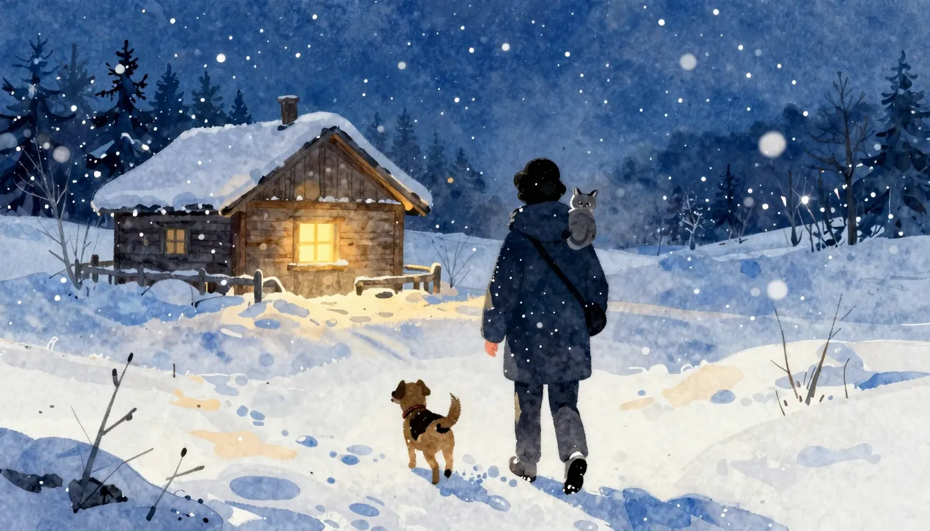 Vibrant watercolor style. A cozy, cinematic illustration of ...