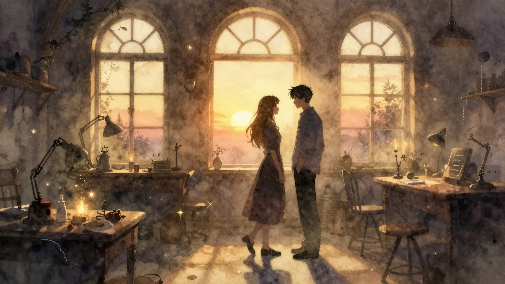 Watercolor style. A magical workshop at sunset, warm golden ...
