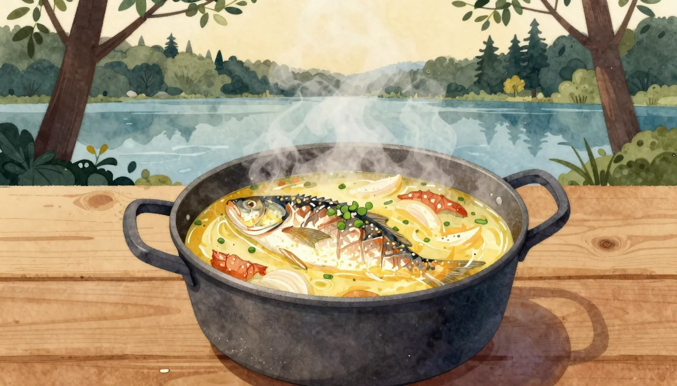 Watercolor style. A steaming pot of fish soup on a wooden ta...