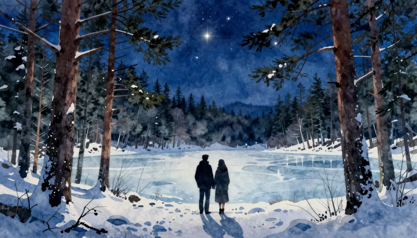 Watercolor style. Silhouette of a couple standing in a snowy...