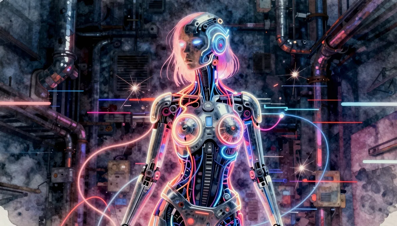 Vibrant watercolor style. Cybernetic silhouette of a woman m...