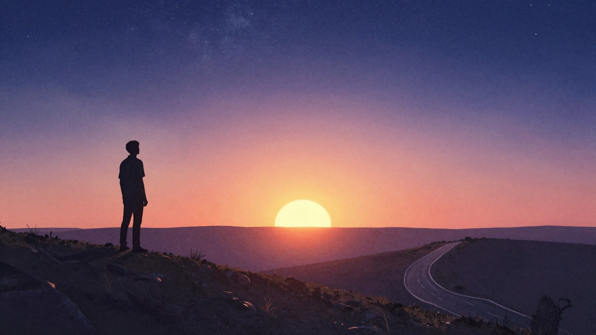 Vibrant watercolor style. Rock album cover, a lonely silhoue...