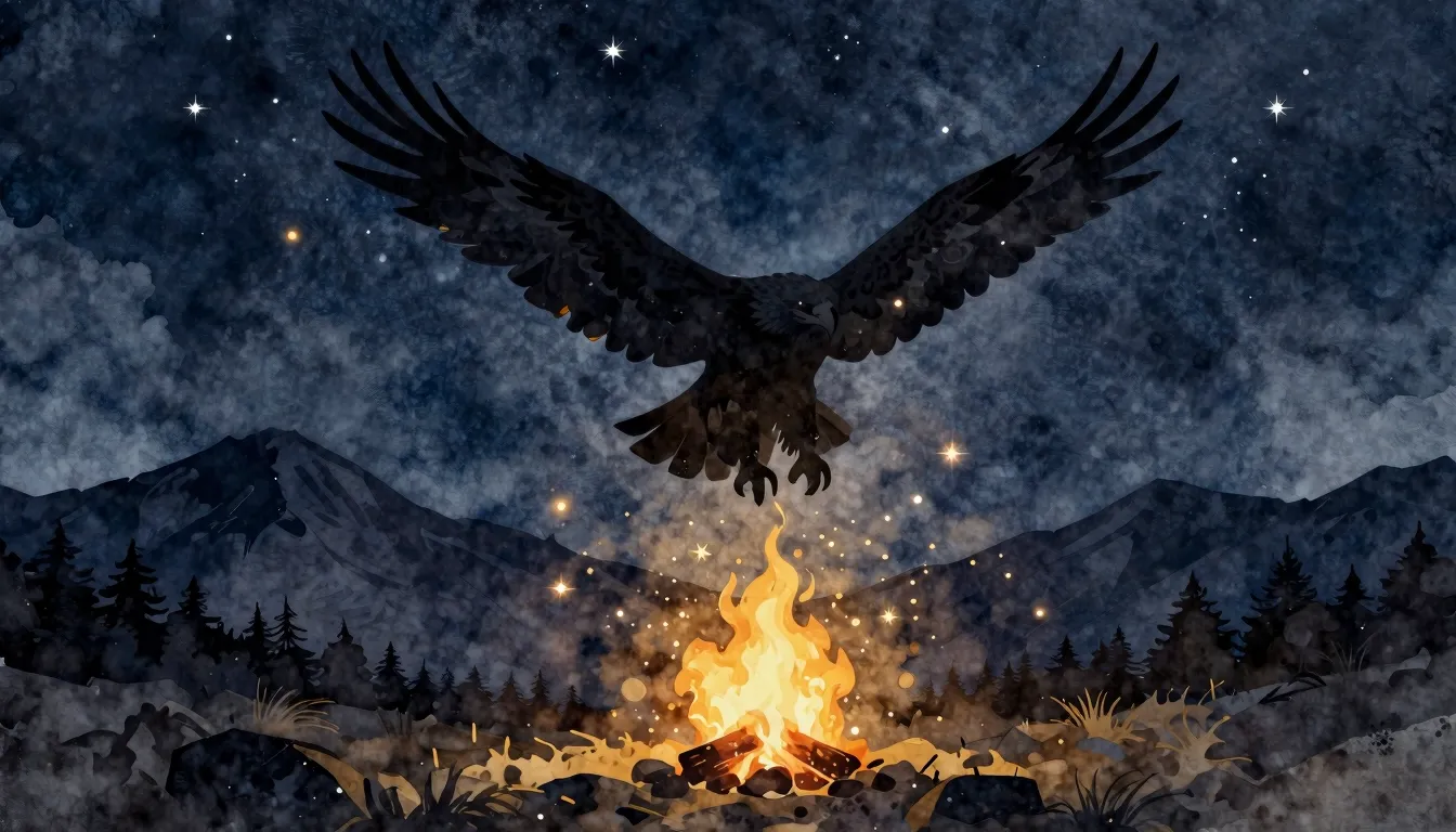 Watercolor style. Silhouette of an eagle flying over mountai...