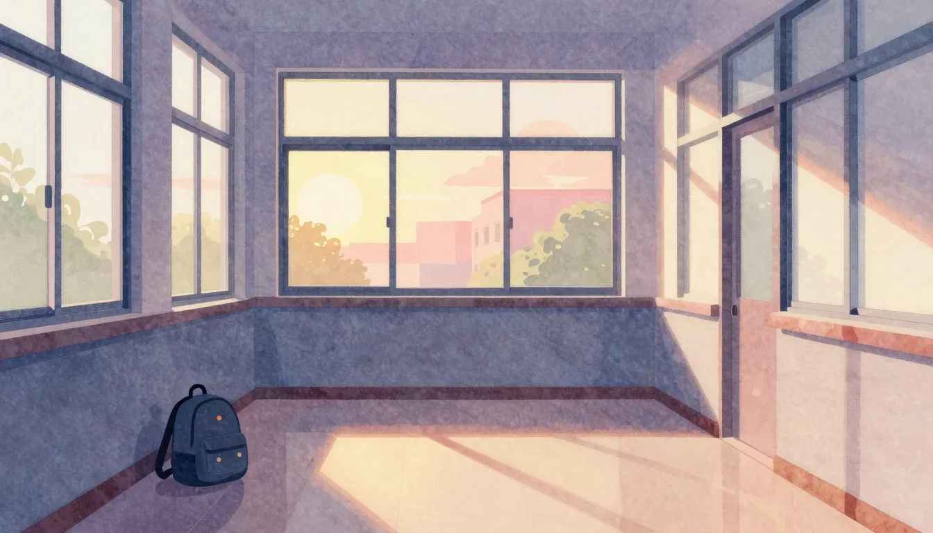 Vibrant watercolor style. Minimalist school hallway silhouet...