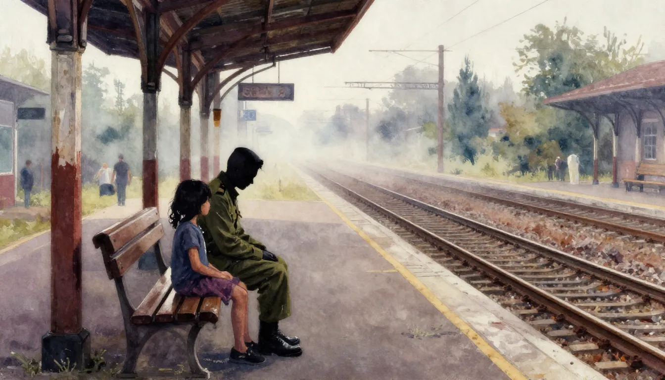 Vibrant watercolor style. A lonely silhouette of a little gi...