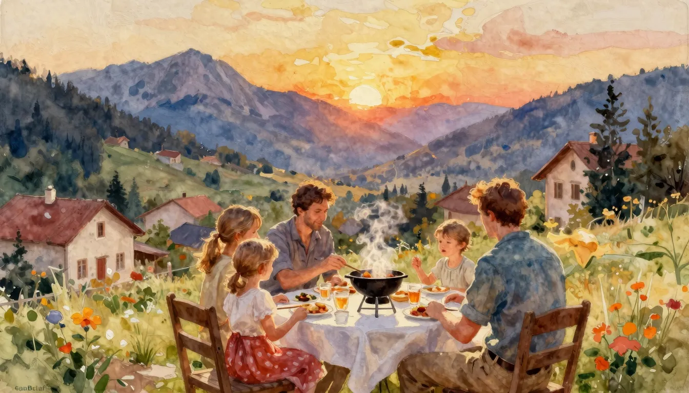Vibrant watercolor style. A warm, nostalgic oil painting of ...