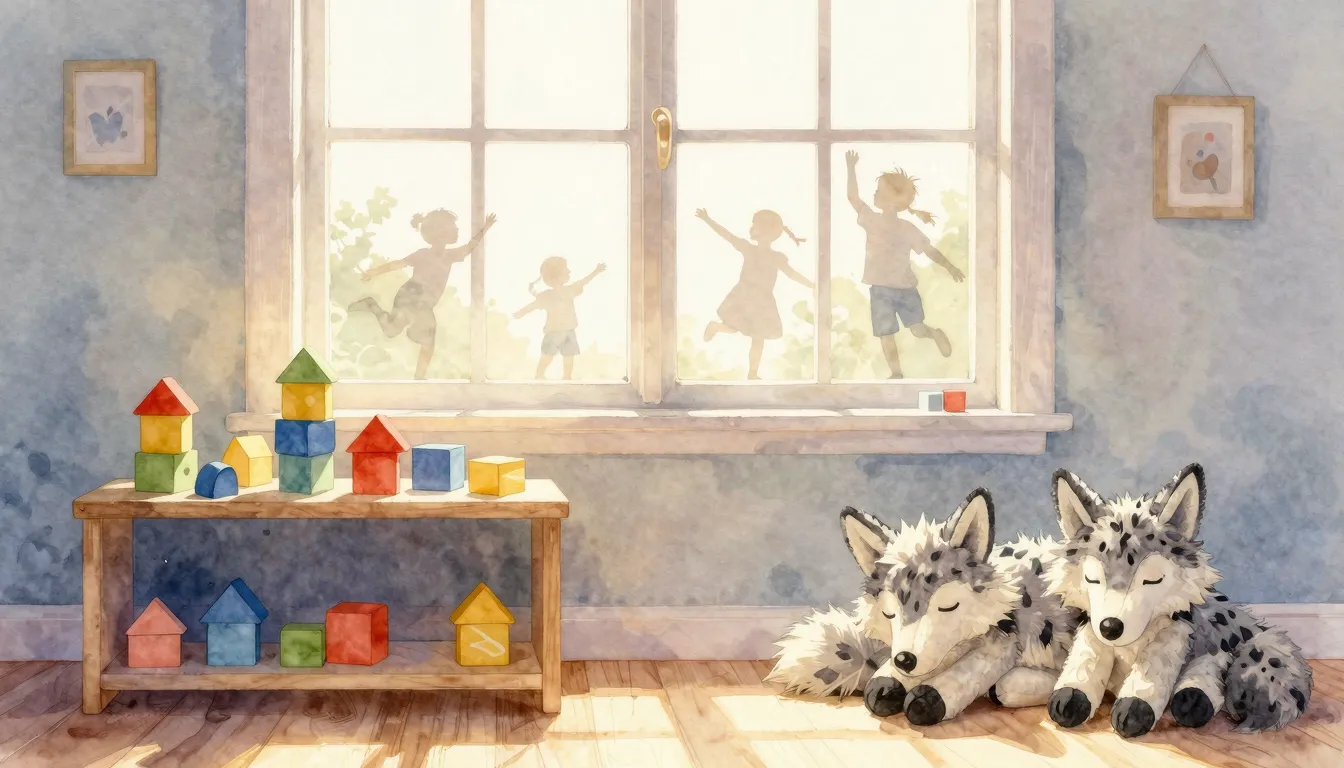 Watercolor style. A cozy children room with toy blocks on a ...