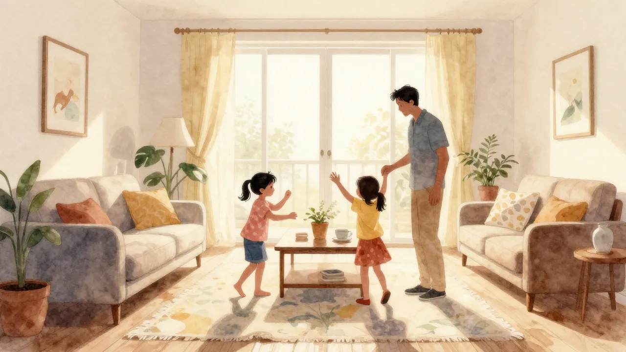 Watercolor style. A cozy family living room with silhouettes...