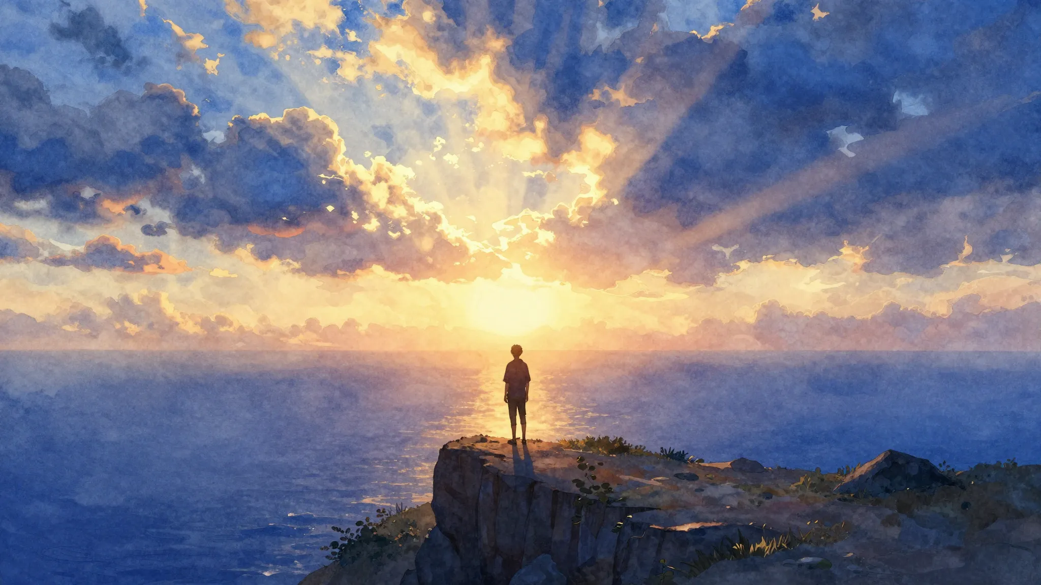 Vibrant watercolor style. A silhouette of a person standing ...