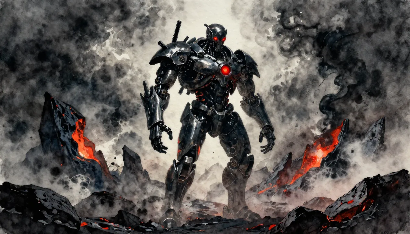 Watercolor style. Dark metallic silhouette of a biomechanica...