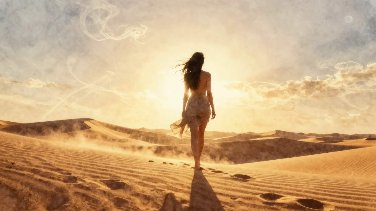 Watercolor style. Silhouette of a woman walking in a desert ...