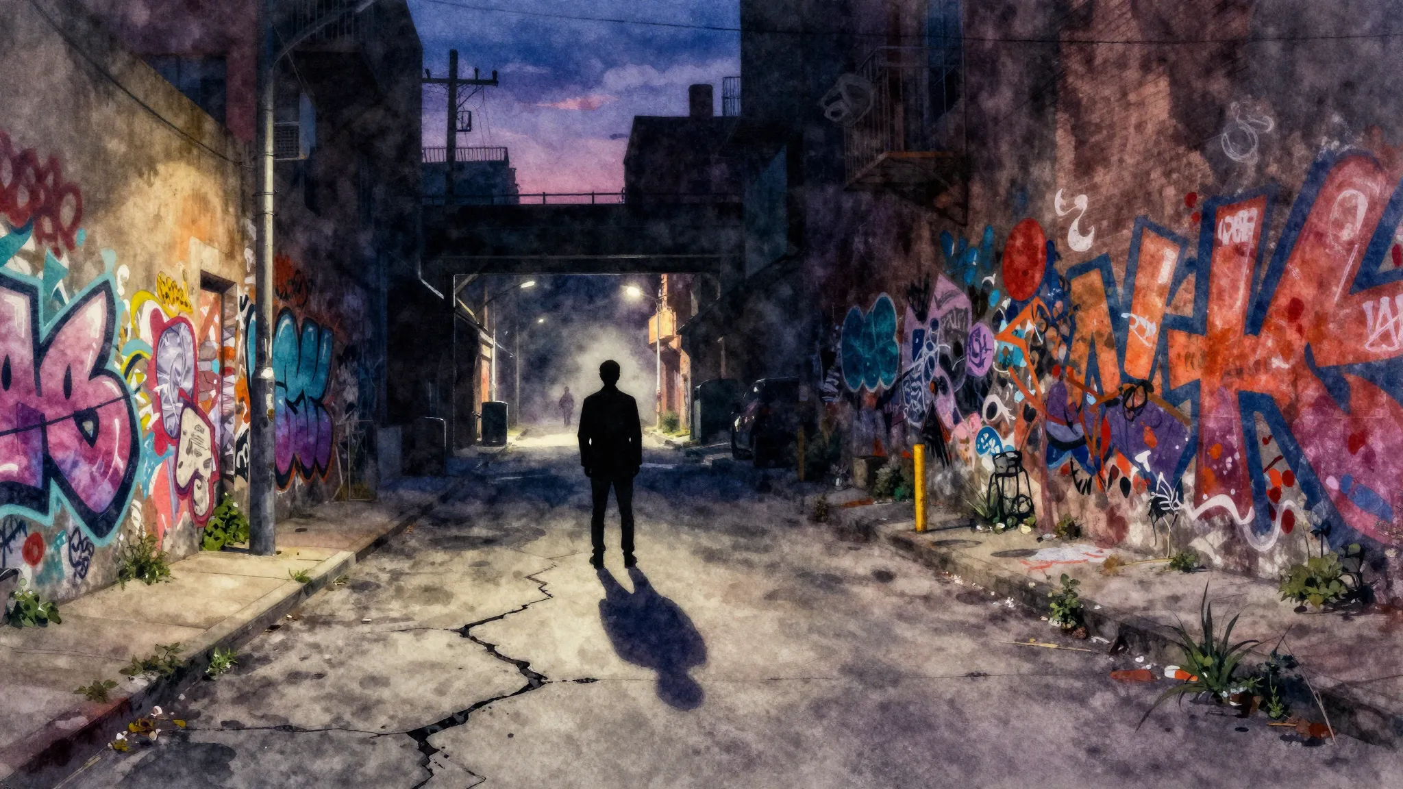 Vibrant watercolor style. A dark, gritty urban landscape at ...