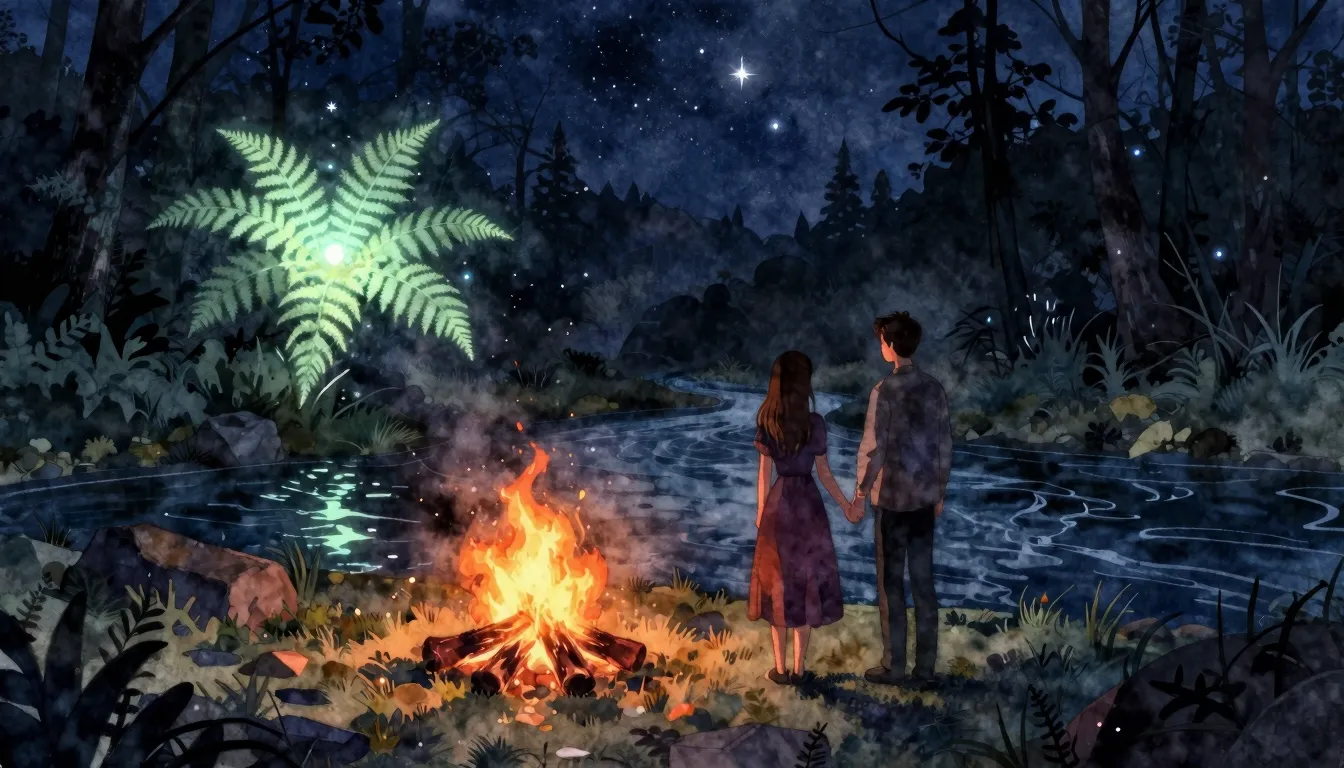 Watercolor style. Mystical night landscape, glowing bonfire ...