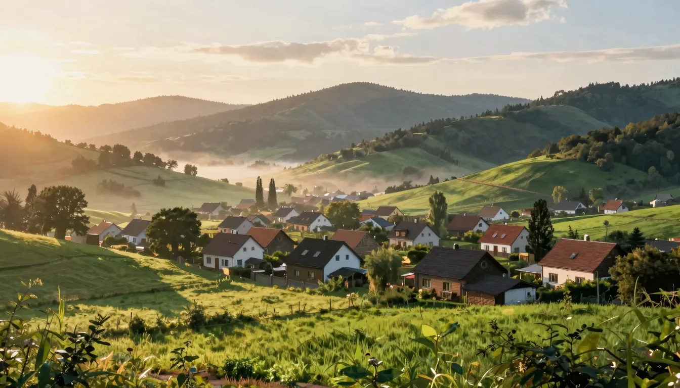 Watercolor style. A beautiful peaceful village landscape at ...