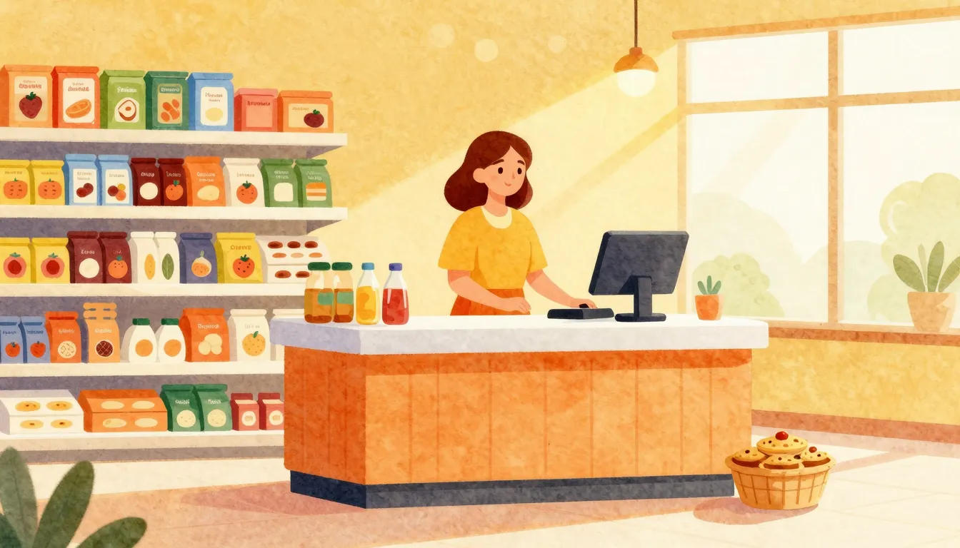 Vibrant watercolor style. A vibrant grocery store interior w...
