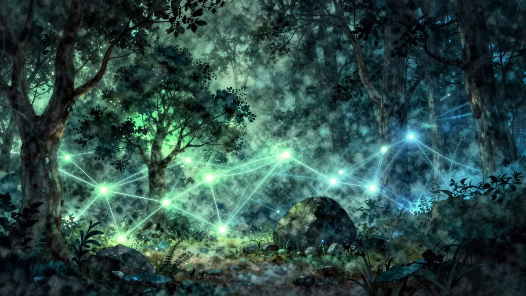 Watercolor style. Abstract glowing threads connecting silhou...