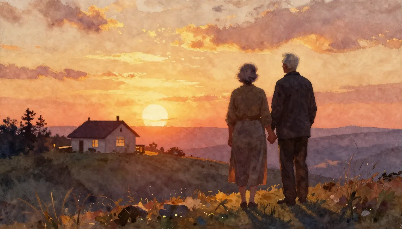 Vibrant watercolor style. A silhouette of an elderly couple ...