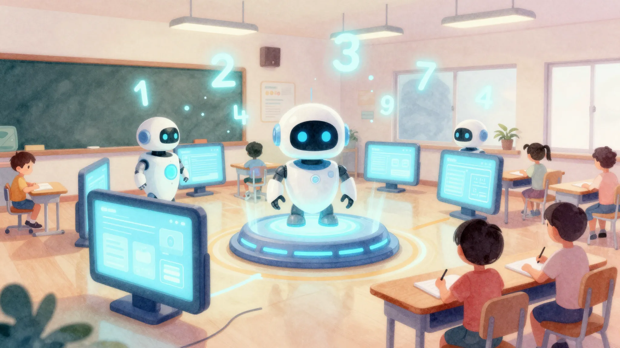 Watercolor style. A futuristic classroom with glowing tablet...