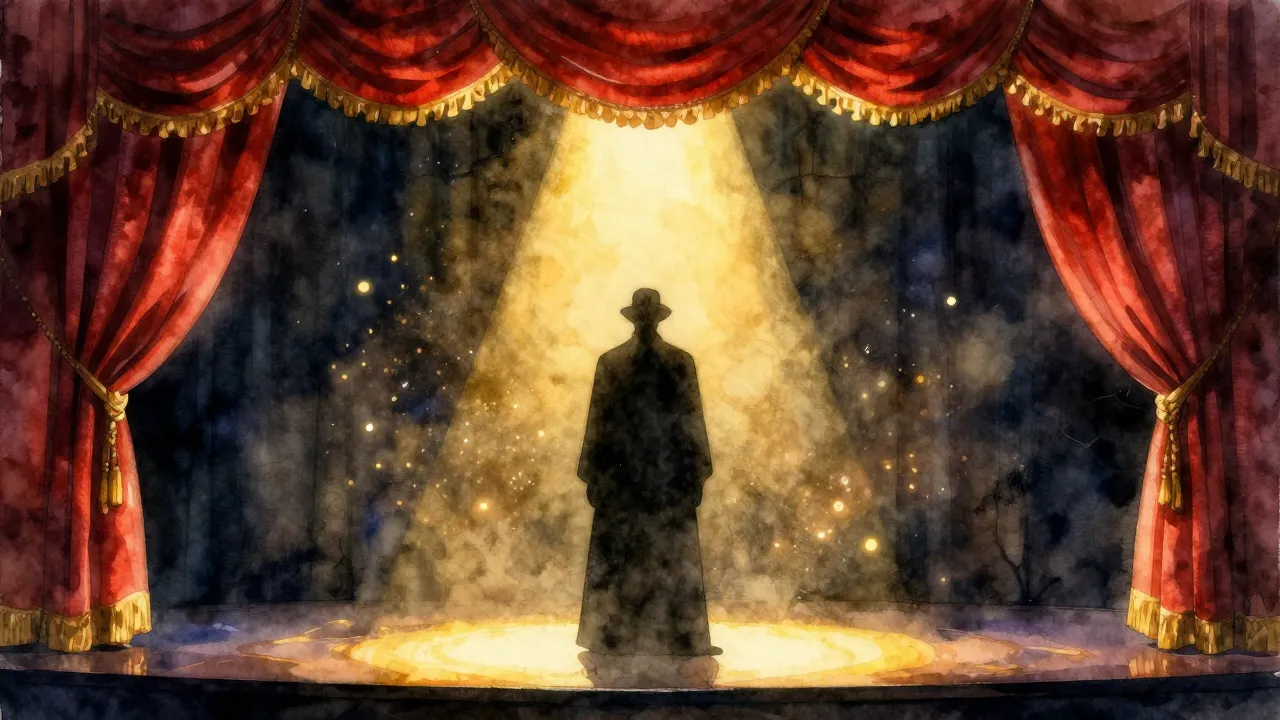 Vibrant watercolor style. A dramatic opera stage with a velv...