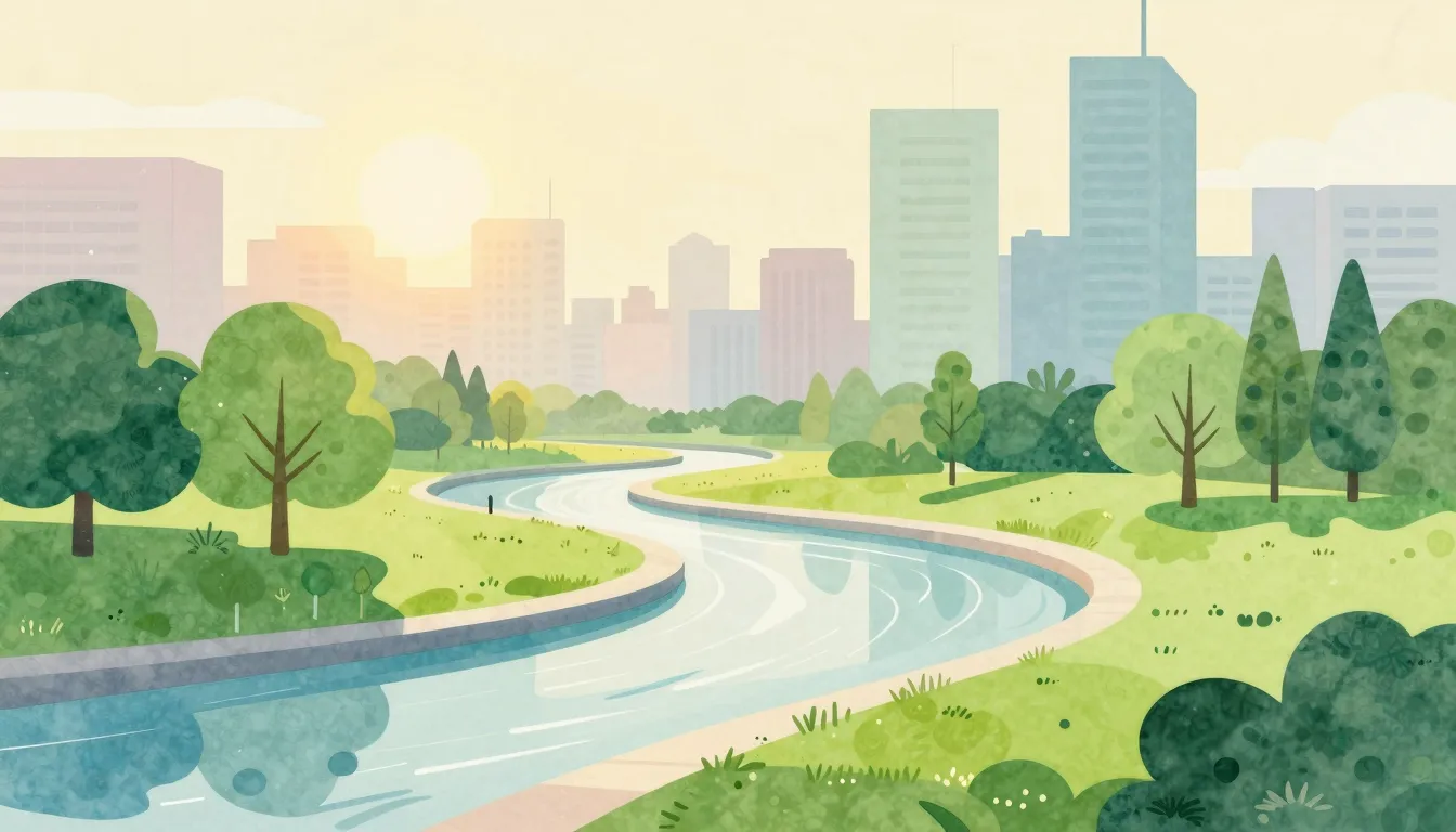 Watercolor style. A bright abstract cityscape with green par...