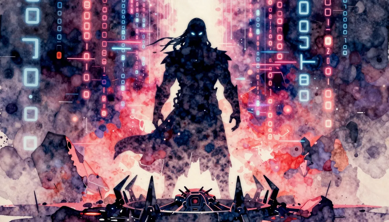 Vibrant watercolor style. Rock album cover, a dark digital s...