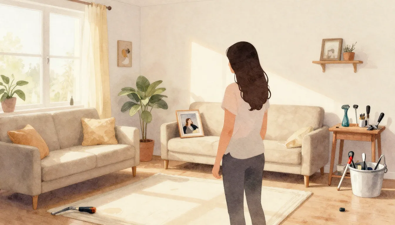 Watercolor style. Cozy living room interior, warm light, sil...