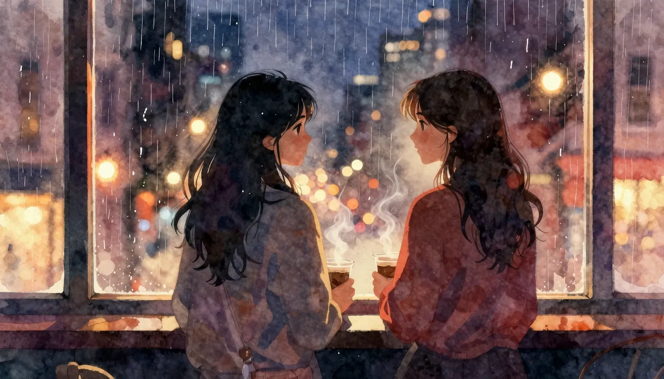 Vibrant watercolor style. Two silhouettes of young women sta...
