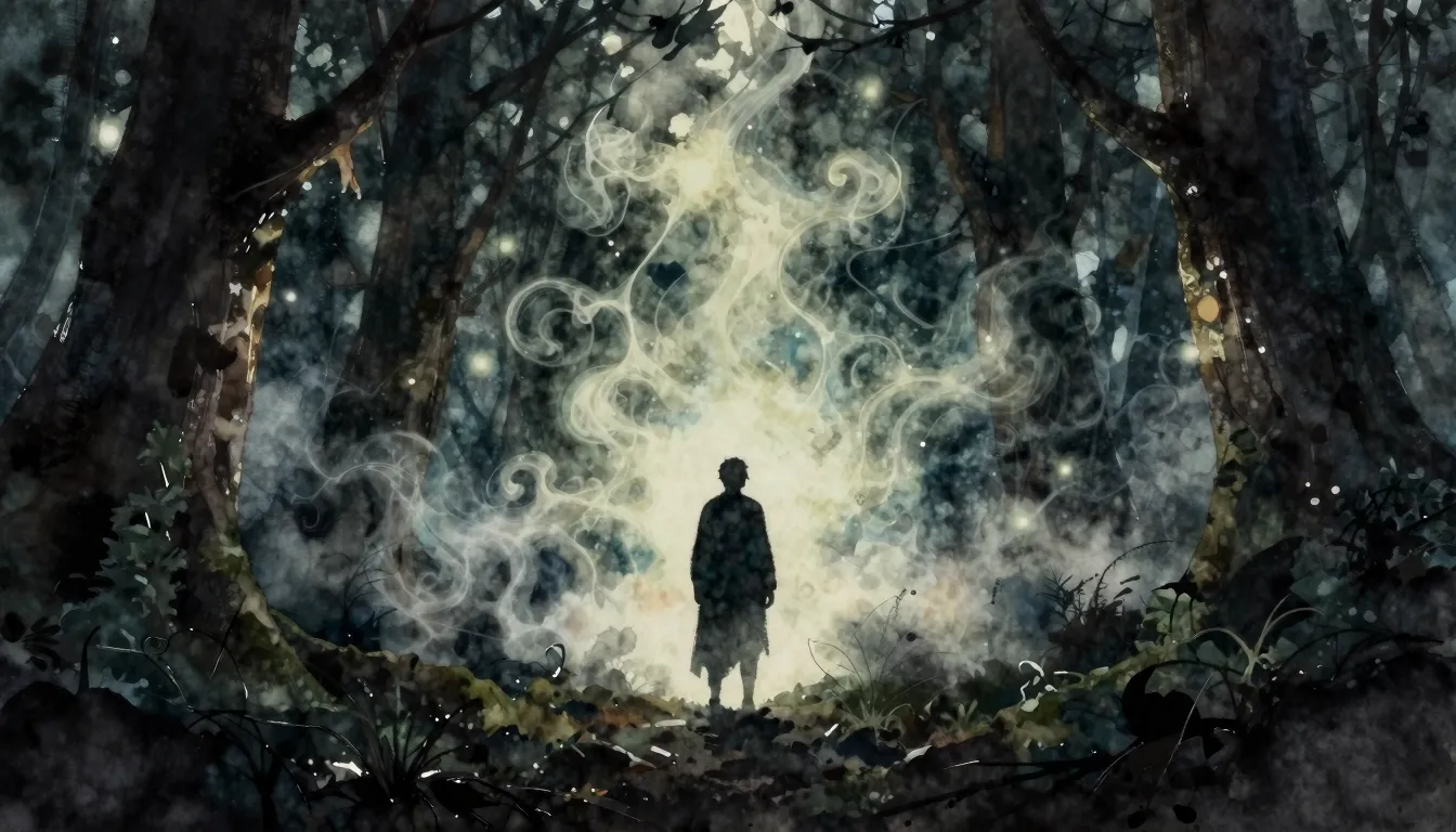 Watercolor style. Dark mystical forest, glowing magical ener...