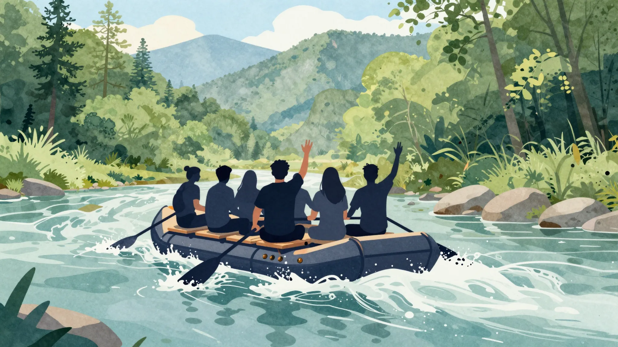 Watercolor style. A silhouette of a group of friends in a ra...