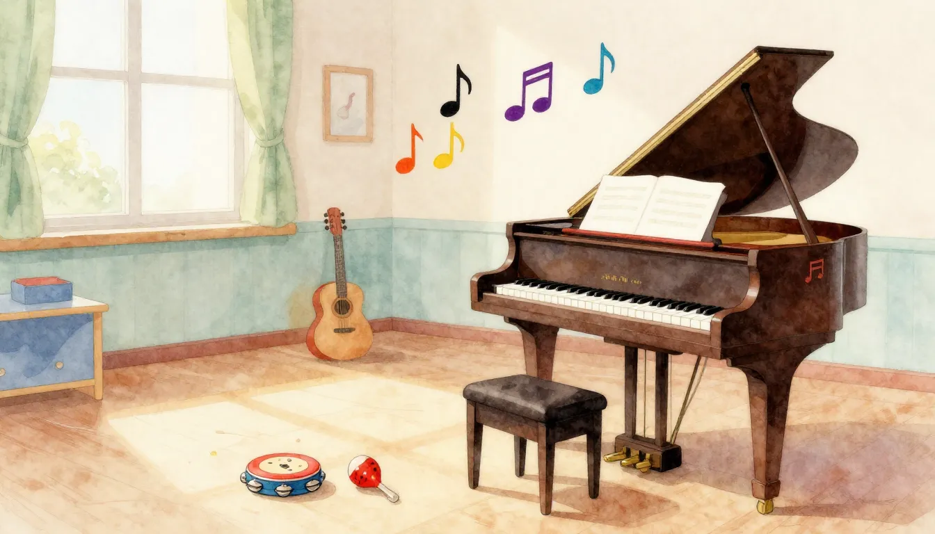 Watercolor style. A bright kindergarten music room with a pi...