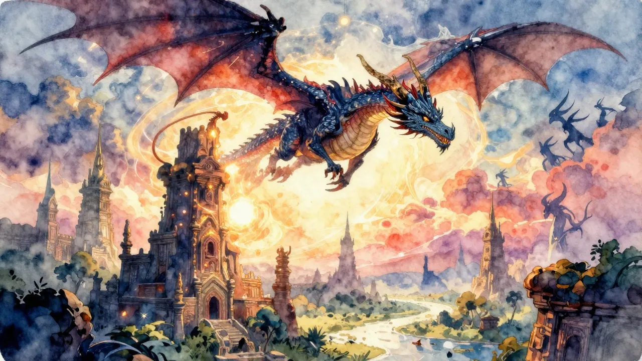 Watercolor style. Fantasy landscape with a flying dragon ove...