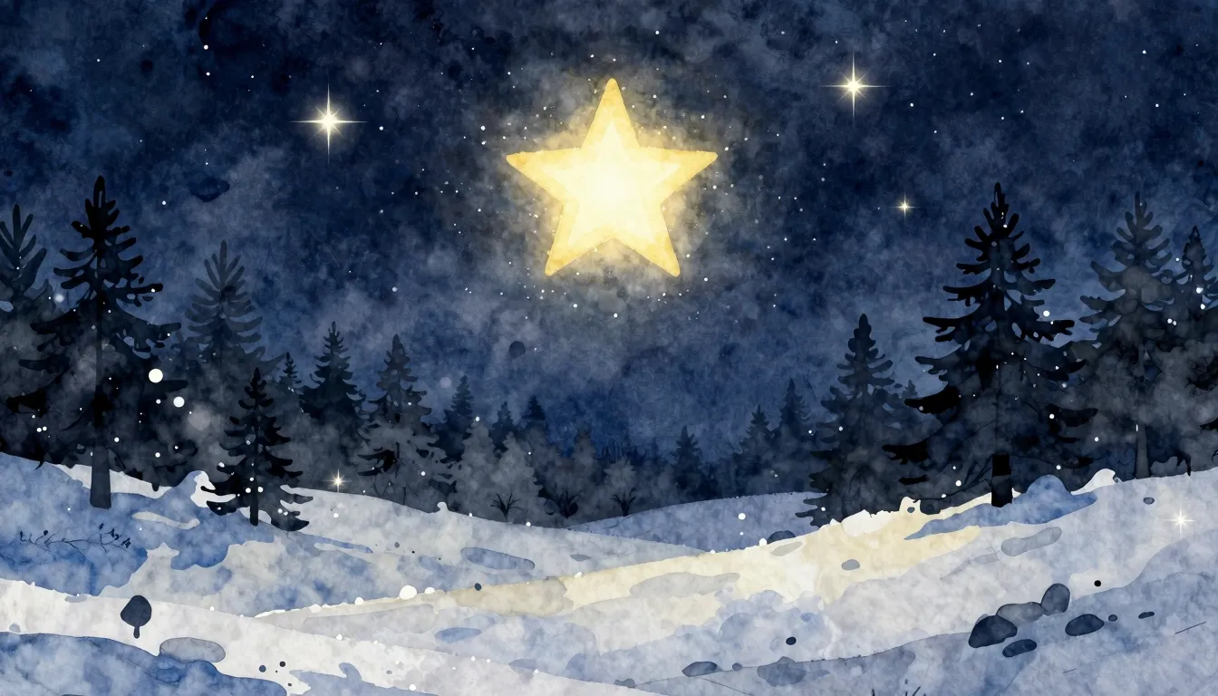 Watercolor style. A glowing star in a dark night sky above a...
