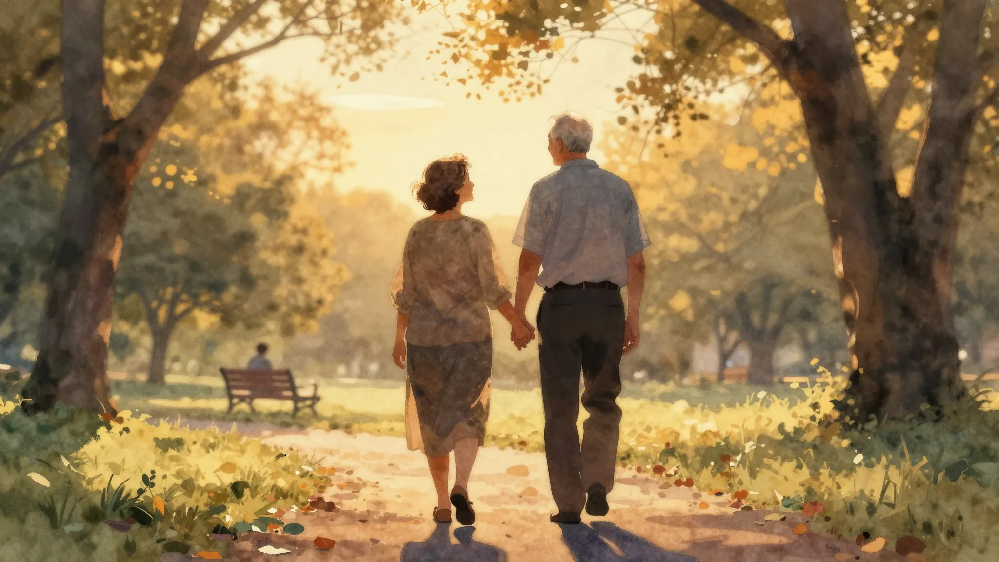 Vibrant watercolor style. A romantic silhouette of an elderl...