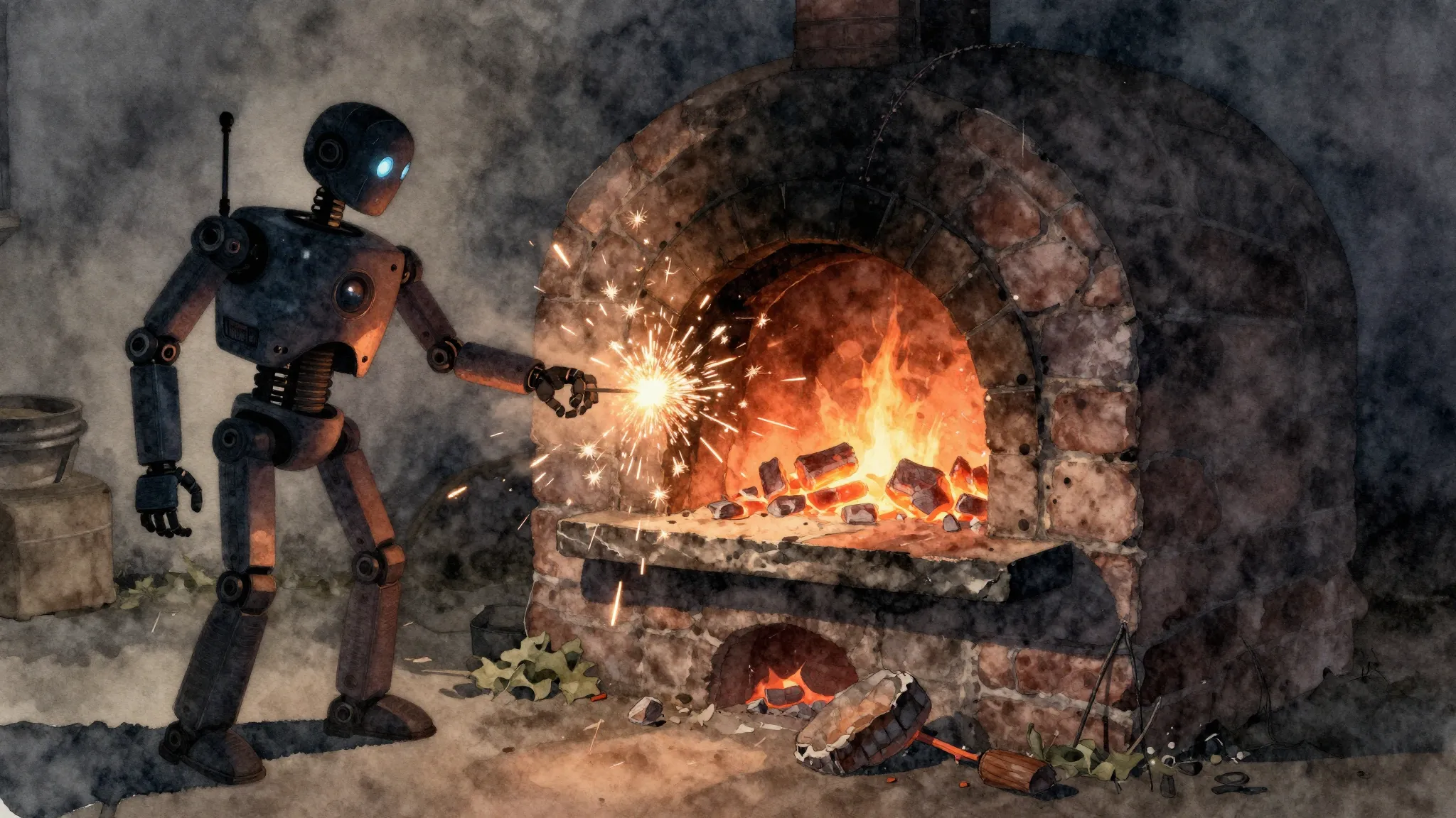 Watercolor style. Silhouette of a broken robot near a tradit...