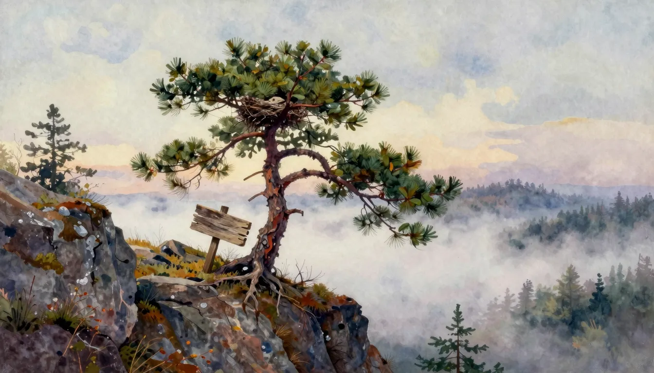 Vibrant watercolor style. A lonely pine tree growing on a ro...