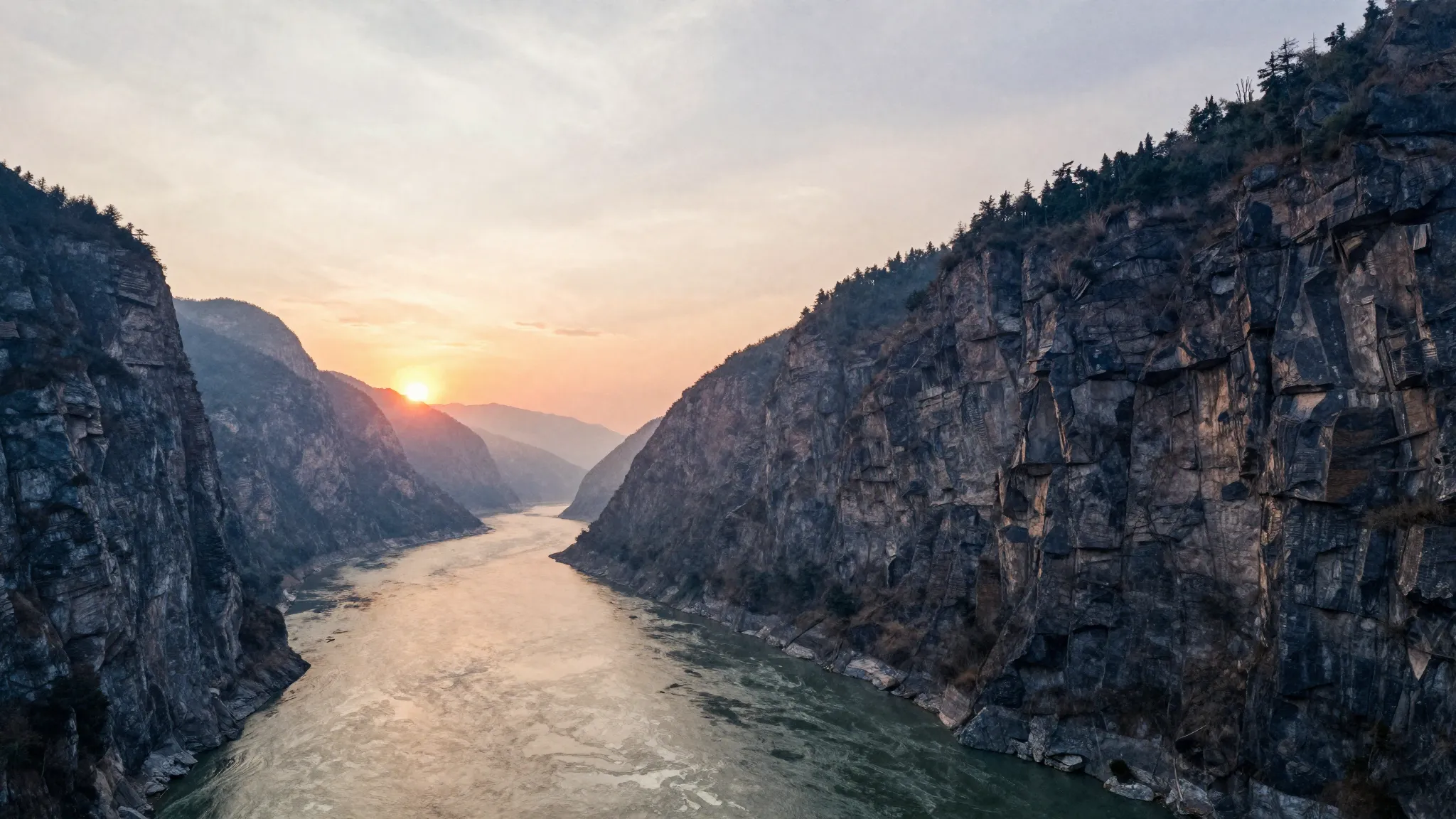 Watercolor style. Two steep cliffs over a wide river, silhou...