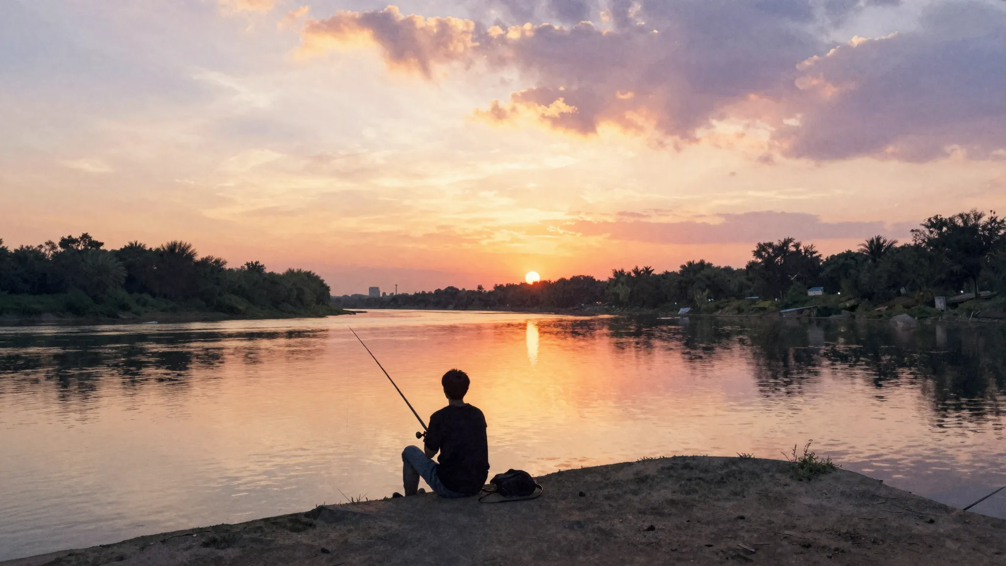 Watercolor style. A serene river landscape at sunset, a silh...
