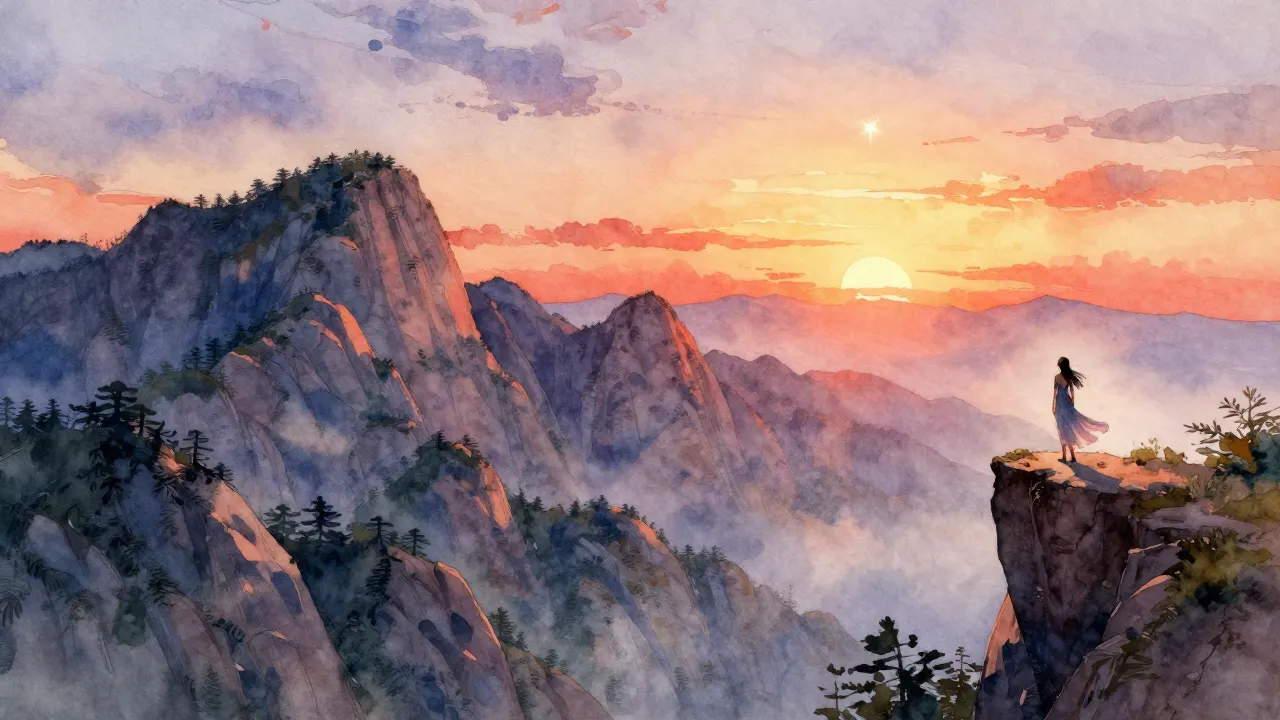 Watercolor style. A majestic mountain landscape at sunset, w...