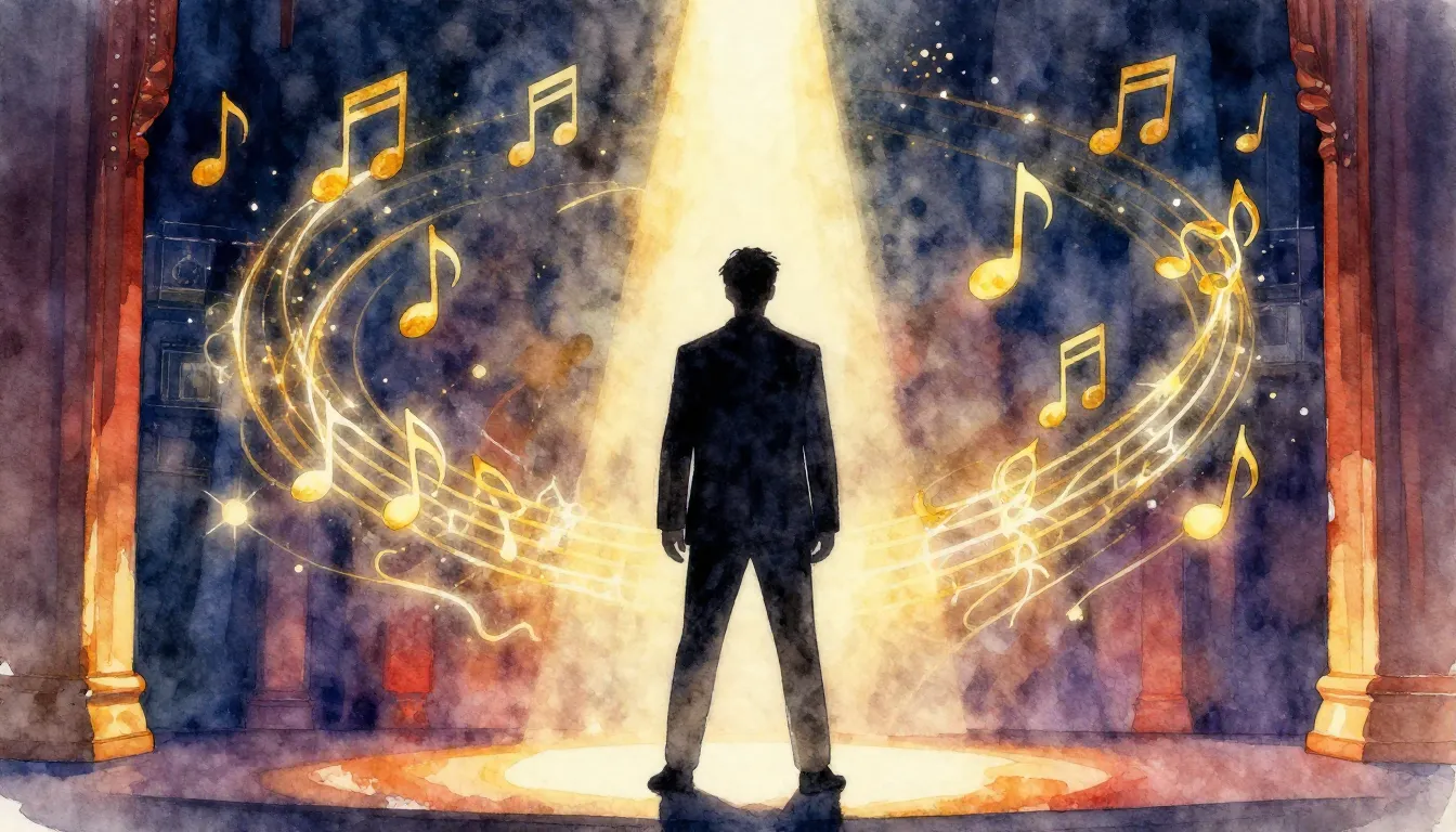 Vibrant watercolor style. Dramatic opera stage background, a...