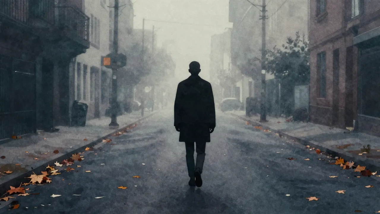Vibrant watercolor style. A lonely silhouette walking down a...