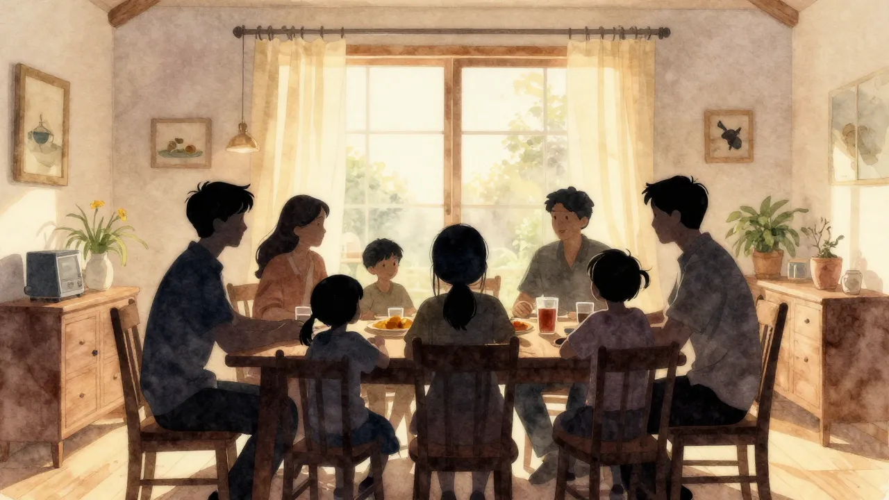Watercolor style. Silhouettes of a large family sitting arou...