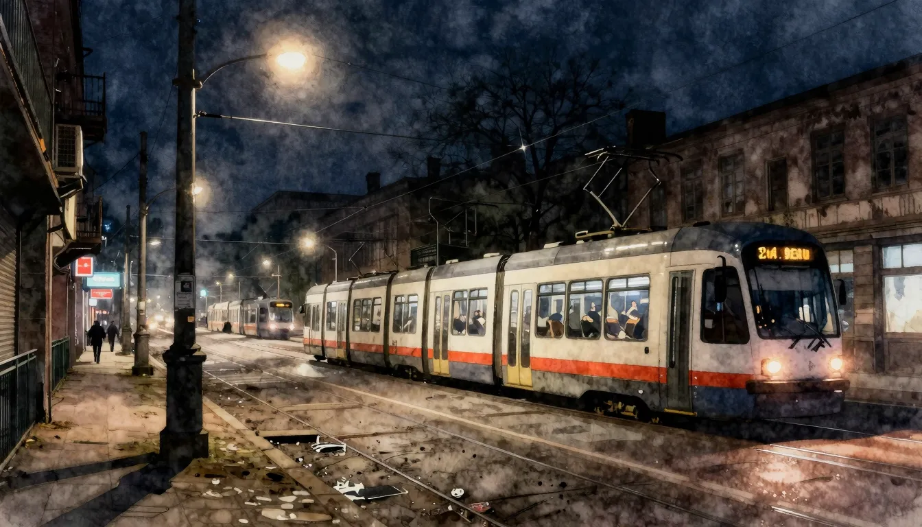 Watercolor style. Dark urban industrial zone, tram depot at ...