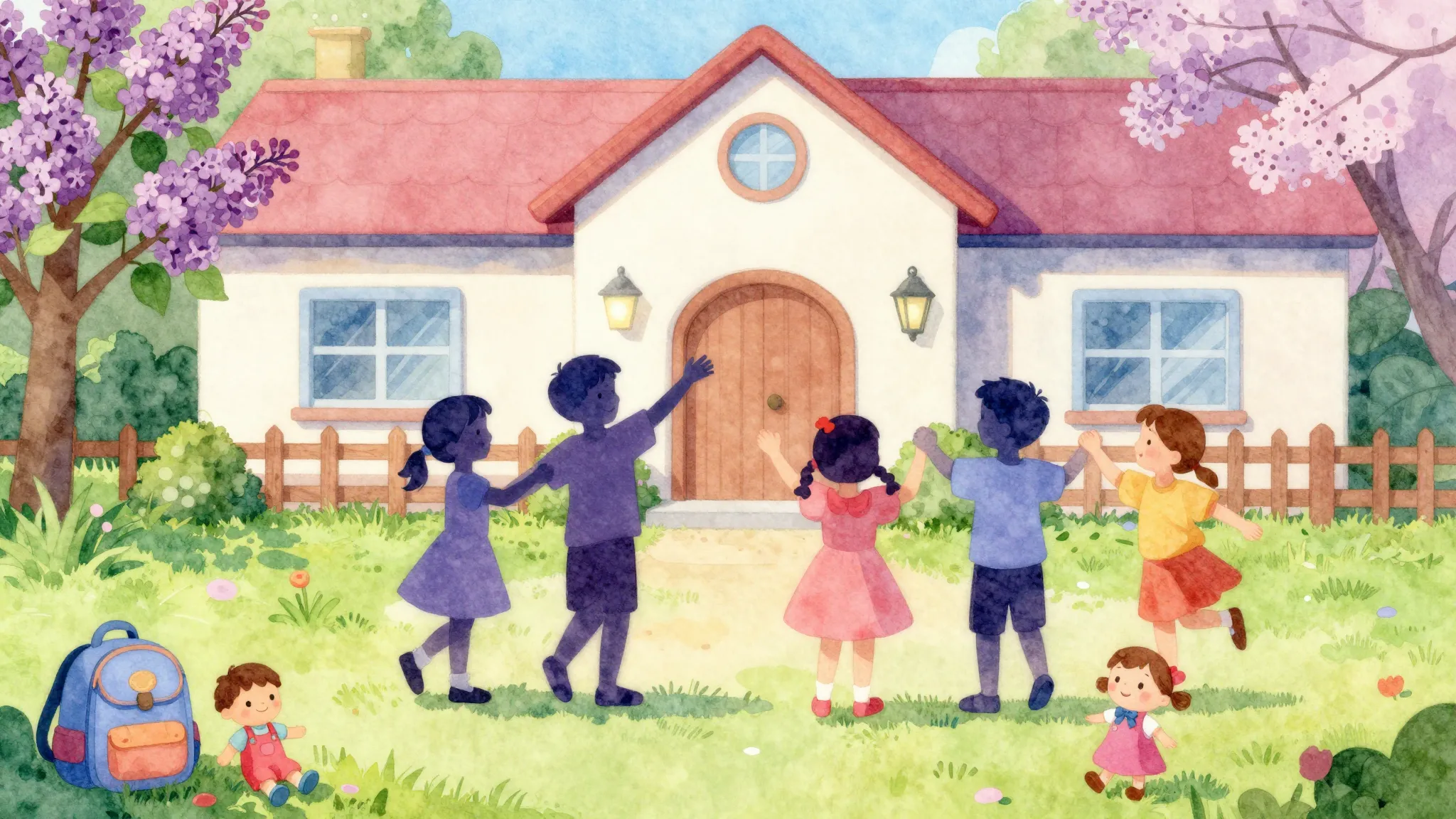 Vibrant watercolor style. A group of happy children silhouet...