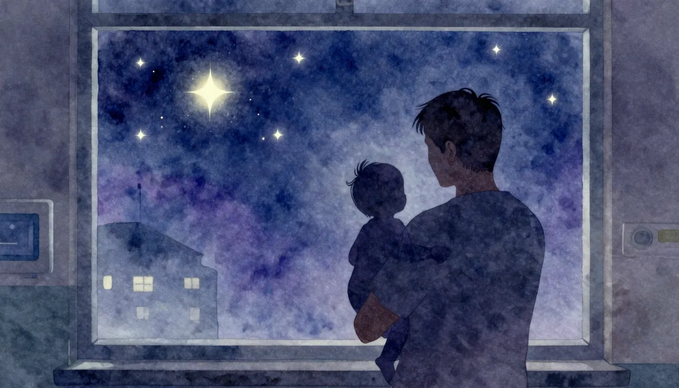 Watercolor style. A silhouette of a father holding a tiny ba...