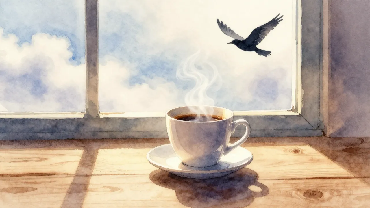 Watercolor style. A cozy morning scene, a steaming cup of co...