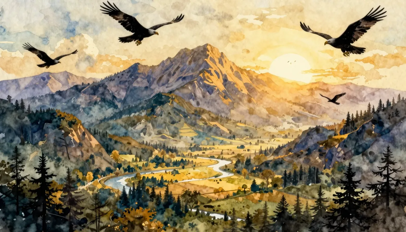 Watercolor style. A majestic landscape of a vast country wit...