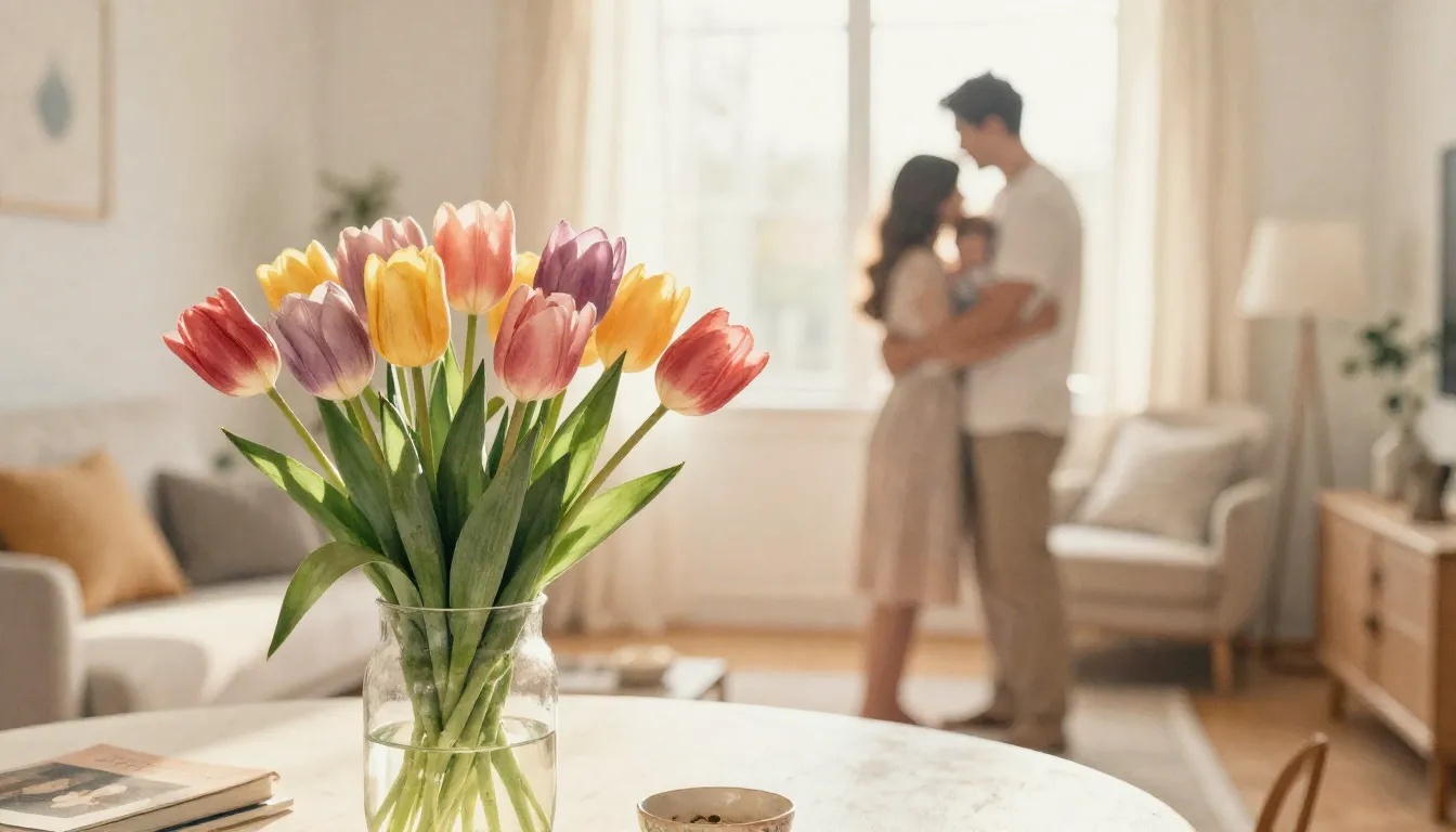 Watercolor style. A warm, sunlit living room with a bouquet ...