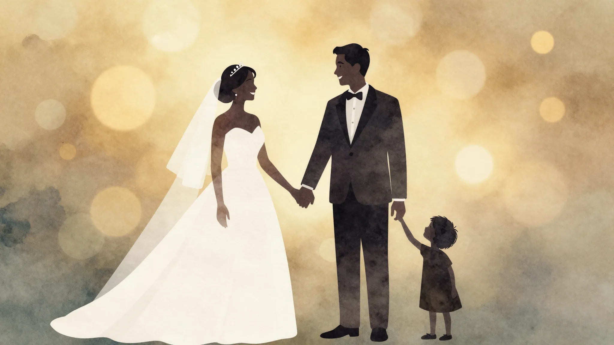 Watercolor style. Silhouette of a happy bride and groom hold...