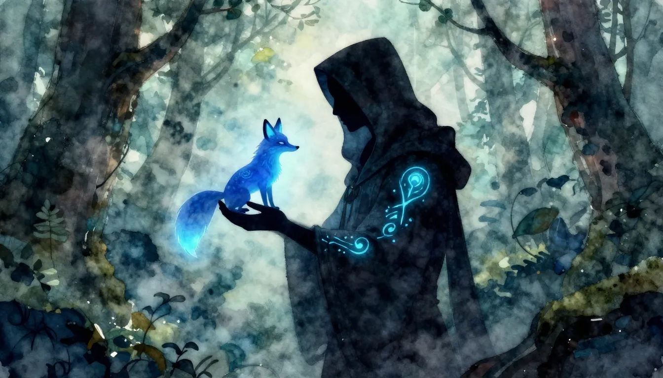 Vibrant watercolor style. A mystical silhouette of a hooded ...